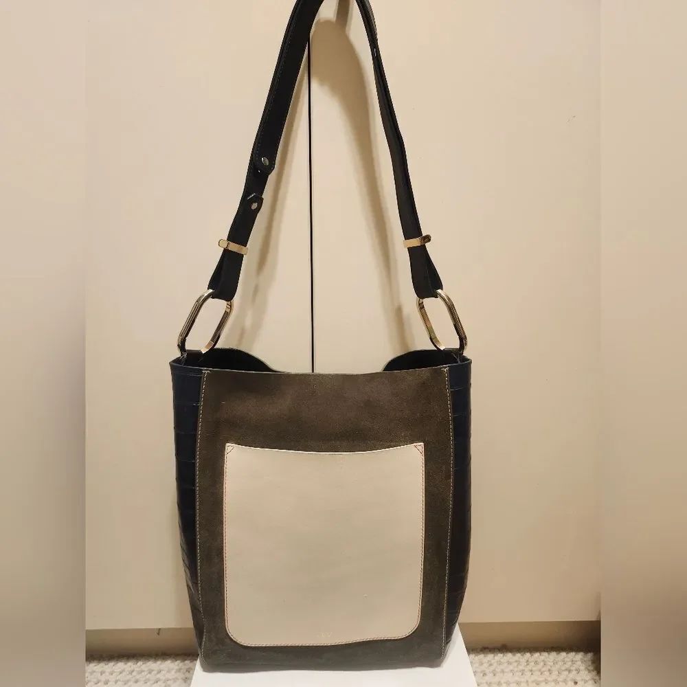 Jason Wu “Mixed Media” Navy Croc Leather Olive Suede Structured Tote Ret.$1495
